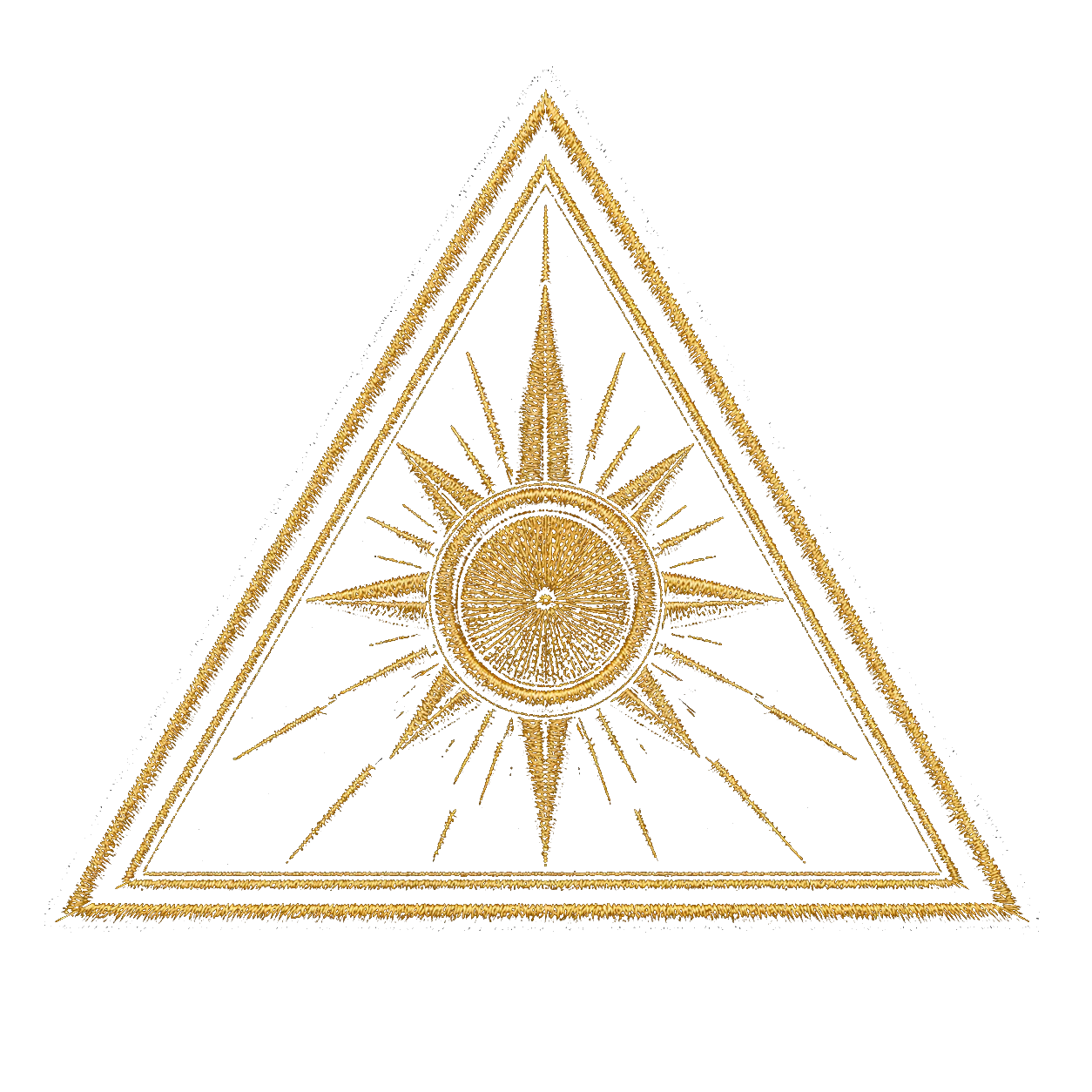 The masculine upward triangle: a gold-embroidered sun with long rays, on the left shoulder